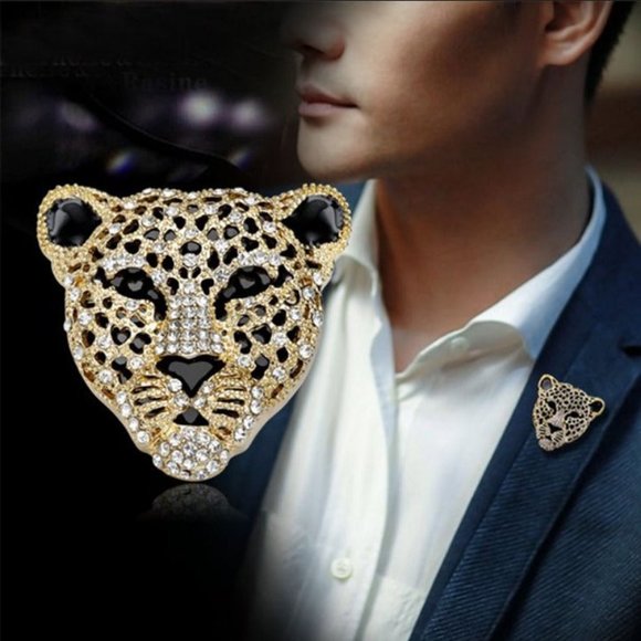 Mens 14K Gold Jaguar Brooch Lapel Pin 2ct Diamond Suit Broach 14